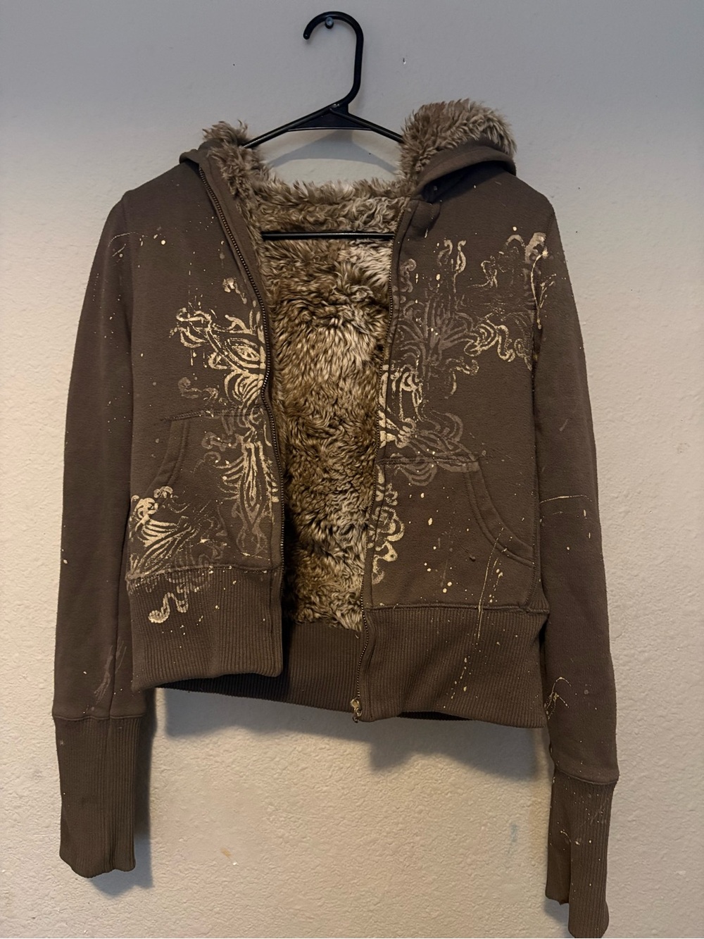 Miss Me Brown Hooded Teddy-Lined Zip Jacket with Printed Accents